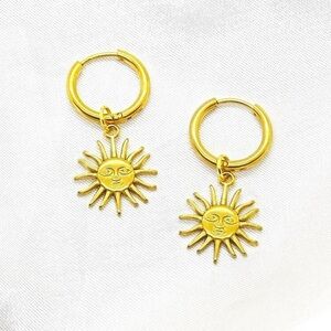 Gold Stainless Steel Sun Charm Earrings